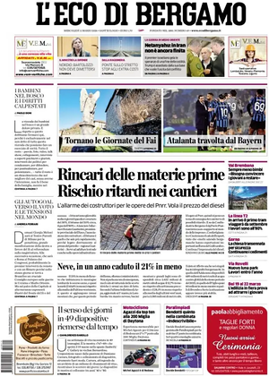 Prima pagina L'Eco di Bergamo di oggi - Quotidiano regionale
