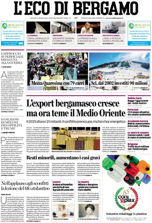 Prima pagina L'Eco di Bergamo di oggi - Quotidiano regionale