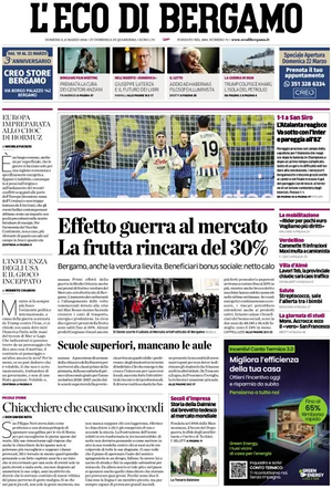 Prima pagina L'Eco di Bergamo di oggi - Quotidiano regionale