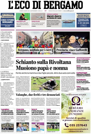 Prima pagina L'Eco di Bergamo di oggi - Quotidiano regionale