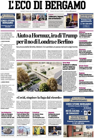Prima pagina L'Eco di Bergamo di oggi - Quotidiano regionale