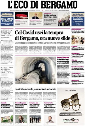 Prima pagina L'Eco di Bergamo di oggi - Quotidiano regionale