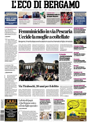 Prima pagina L'Eco di Bergamo di oggi - Quotidiano regionale