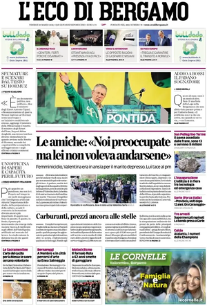 Prima pagina L'Eco di Bergamo di oggi - Quotidiano regionale