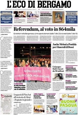 Prima pagina L'Eco di Bergamo di oggi - Quotidiano regionale