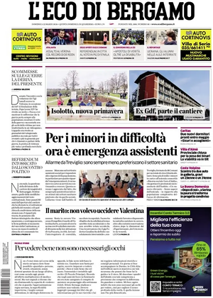 Prima pagina L'Eco di Bergamo di oggi - Quotidiano regionale