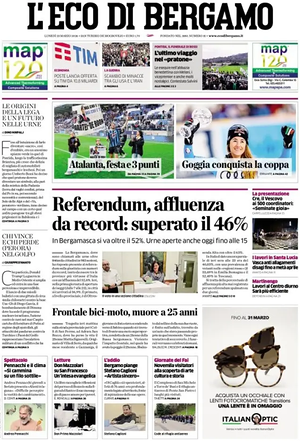 Prima pagina L'Eco di Bergamo di oggi - Quotidiano regionale
