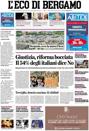 Prima pagina L'Eco di Bergamo di oggi - Quotidiano regionale