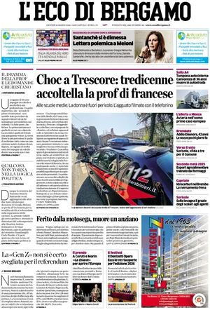 Prima pagina L'Eco di Bergamo di oggi - Quotidiano regionale