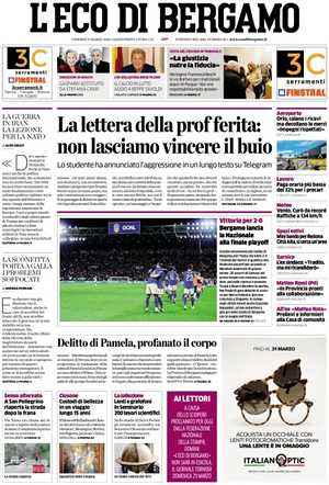 Prima pagina L'Eco di Bergamo di oggi - Quotidiano regionale