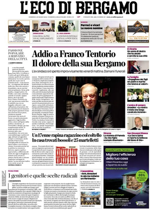Prima pagina L'Eco di Bergamo di oggi - Quotidiano regionale