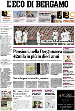 Prima pagina L'Eco di Bergamo di oggi - Quotidiano regionale