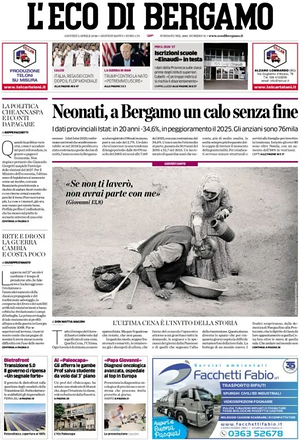 Prima pagina L'Eco di Bergamo di oggi - Quotidiano regionale