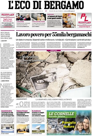 Prima pagina L'Eco di Bergamo di oggi - Quotidiano regionale