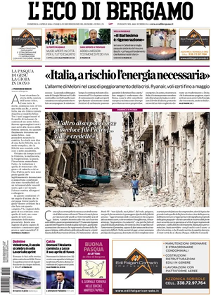 Prima pagina L'Eco di Bergamo di oggi - Quotidiano regionale