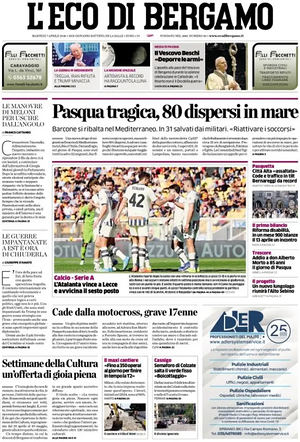 Prima pagina L'Eco di Bergamo di oggi - Quotidiano regionale