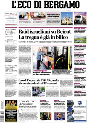 Prima pagina L'Eco di Bergamo di oggi - Quotidiano regionale