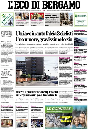 Prima pagina L'Eco di Bergamo di oggi - Quotidiano regionale