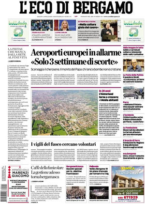 Prima pagina L'Eco di Bergamo di oggi - Quotidiano regionale