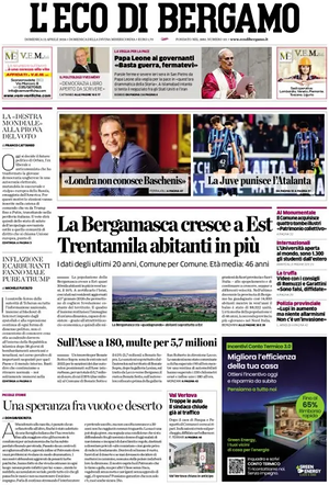Prima pagina L'Eco di Bergamo di oggi - Quotidiano regionale