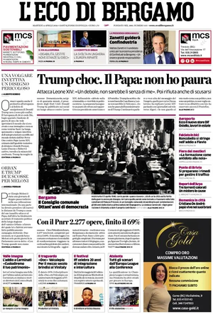 Prima pagina L'Eco di Bergamo di oggi - Quotidiano regionale