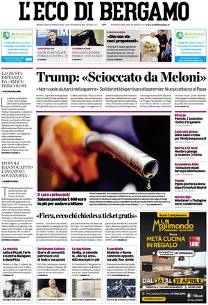 Prima pagina L'Eco di Bergamo di oggi - Quotidiano regionale