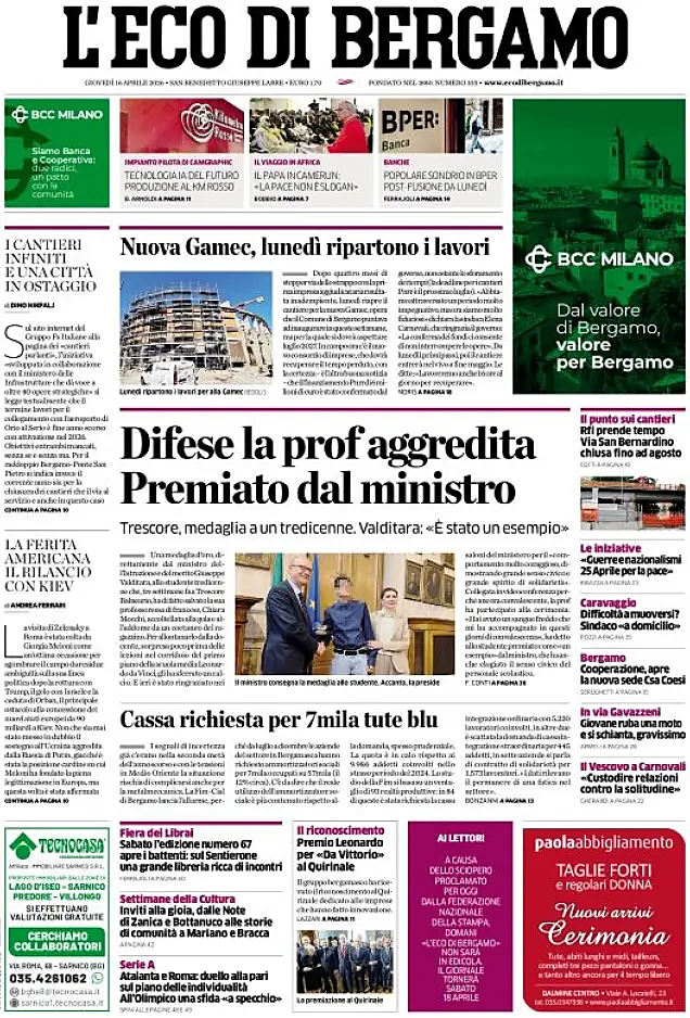 Prima pagina L'Eco di Bergamo di oggi - Edicola 16 Aprile 2026