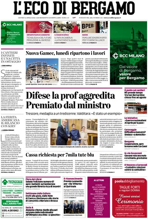 Prima pagina L'Eco di Bergamo di oggi - Quotidiano regionale