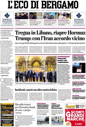 Prima pagina L'Eco di Bergamo di oggi - Quotidiano regionale