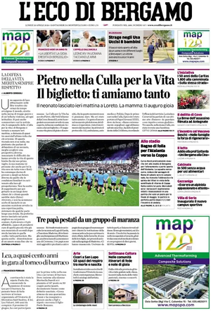 Prima pagina L'Eco di Bergamo di oggi - Quotidiano regionale