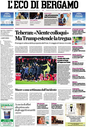 Prima pagina L'Eco di Bergamo di oggi - Quotidiano regionale