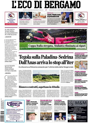Prima pagina L'Eco di Bergamo di oggi - Quotidiano regionale