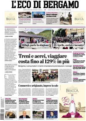 Prima pagina L'Eco di Bergamo di oggi - Quotidiano regionale