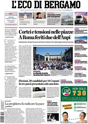 Prima pagina L'Eco di Bergamo di oggi - Quotidiano regionale