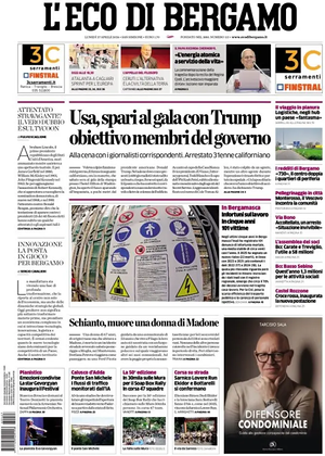 Prima pagina L'Eco di Bergamo di oggi - Quotidiano regionale
