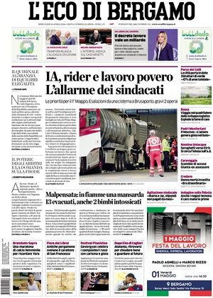 Prima pagina L'Eco di Bergamo di oggi - Quotidiano regionale