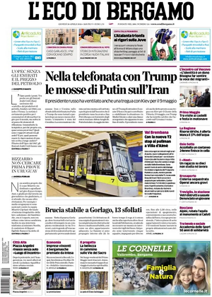 Prima pagina L'Eco di Bergamo di oggi - Quotidiano regionale