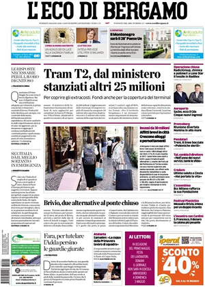Prima pagina L'Eco di Bergamo di oggi - Quotidiano regionale
