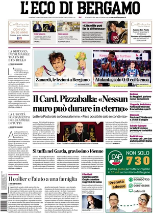 Prima pagina L'Eco di Bergamo di oggi - Quotidiano regionale