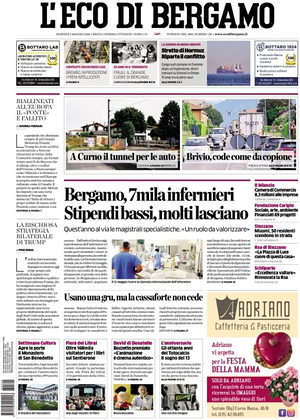 Prima pagina L'Eco di Bergamo di oggi - Quotidiano regionale