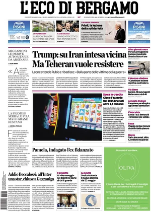 Prima pagina L'Eco di Bergamo di oggi - Quotidiano regionale