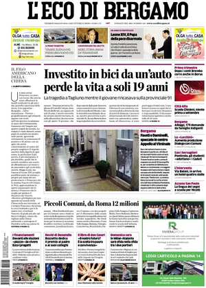Prima pagina L'Eco di Bergamo di oggi - Quotidiano regionale