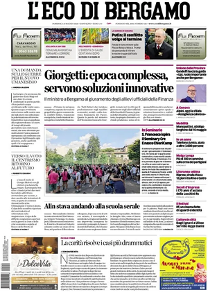 Prima pagina L'Eco di Bergamo di oggi - Quotidiano regionale