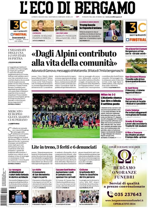 Prima pagina L'Eco di Bergamo di oggi - Quotidiano regionale