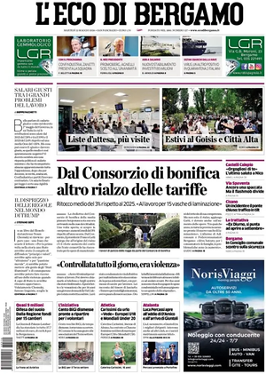 Prima pagina L'Eco di Bergamo di oggi - Quotidiano regionale