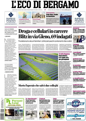Prima pagina L'Eco di Bergamo di oggi - Quotidiano regionale