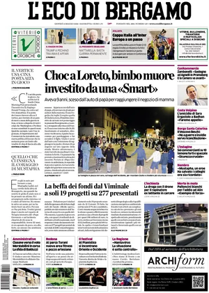 Prima pagina L'Eco di Bergamo di oggi - Quotidiano regionale