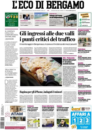 Prima pagina L'Eco di Bergamo di oggi - Quotidiano regionale