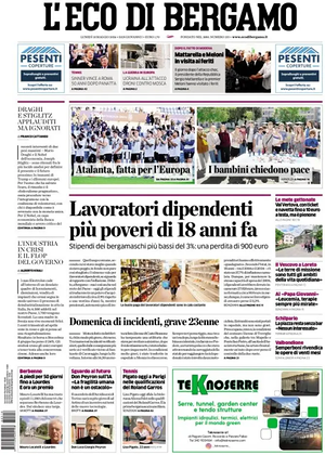 Prima pagina L'Eco di Bergamo di oggi - Quotidiano regionale