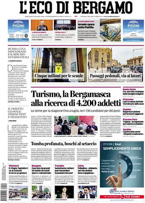Prima pagina L'Eco di Bergamo di oggi - Quotidiano regionale